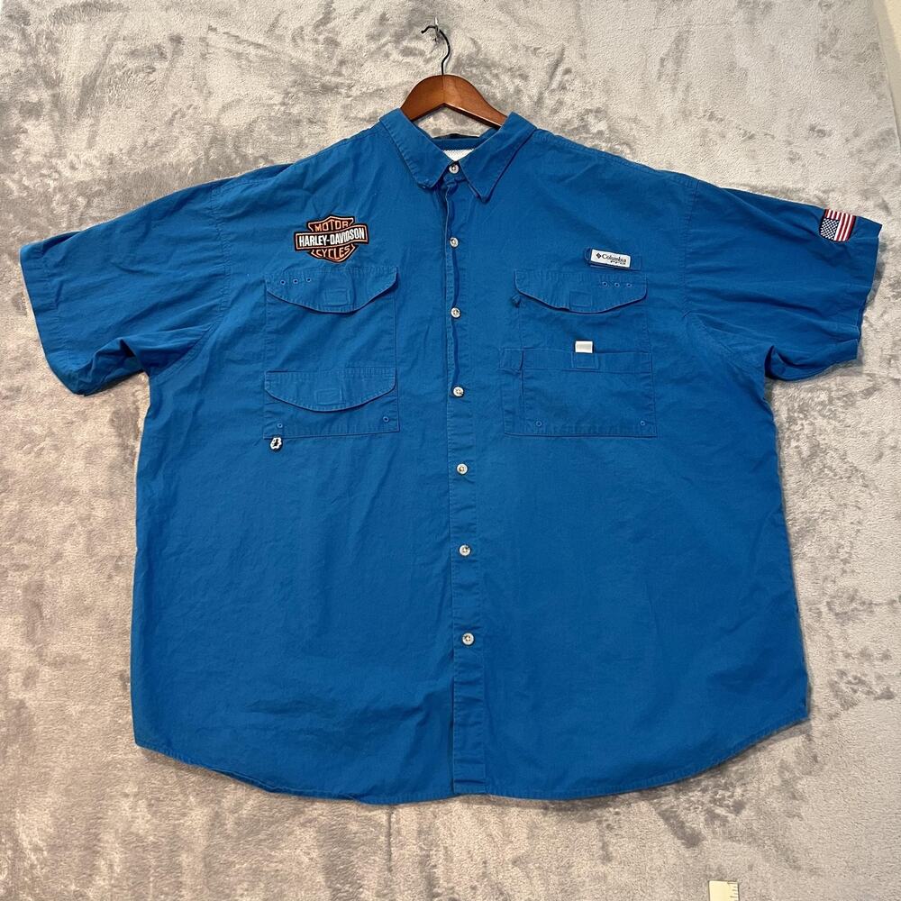 Columbia PFG Bonehead Shirt Mens 3XL Blue Harley-Davidson Short Sleeve Fishing